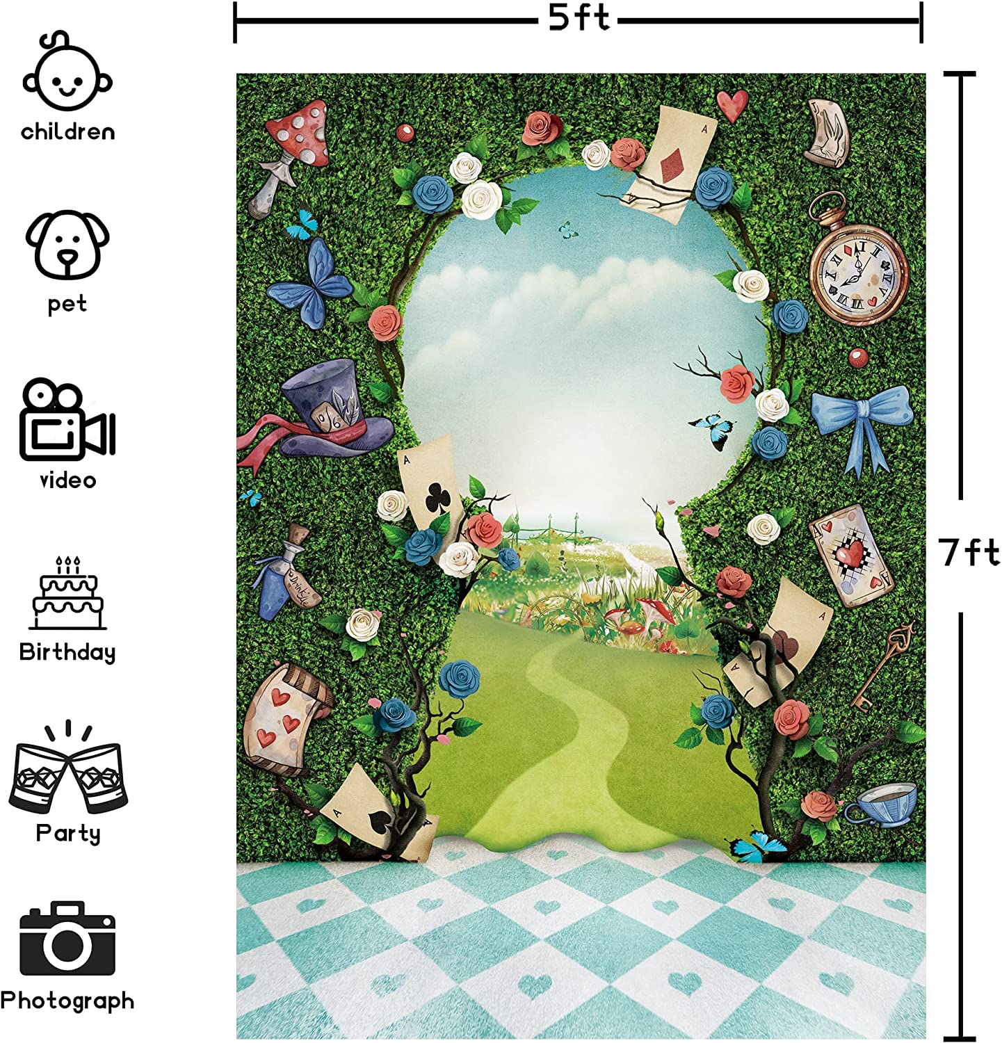 Newsely Wonderland Green Fence Tea Party Photo Backdrop 5Wx7H Photography Key Hold Checkerboard Background for Newborn Baby Shower Boys Kids Party Decorations Banner Photo Booth Props Supplies