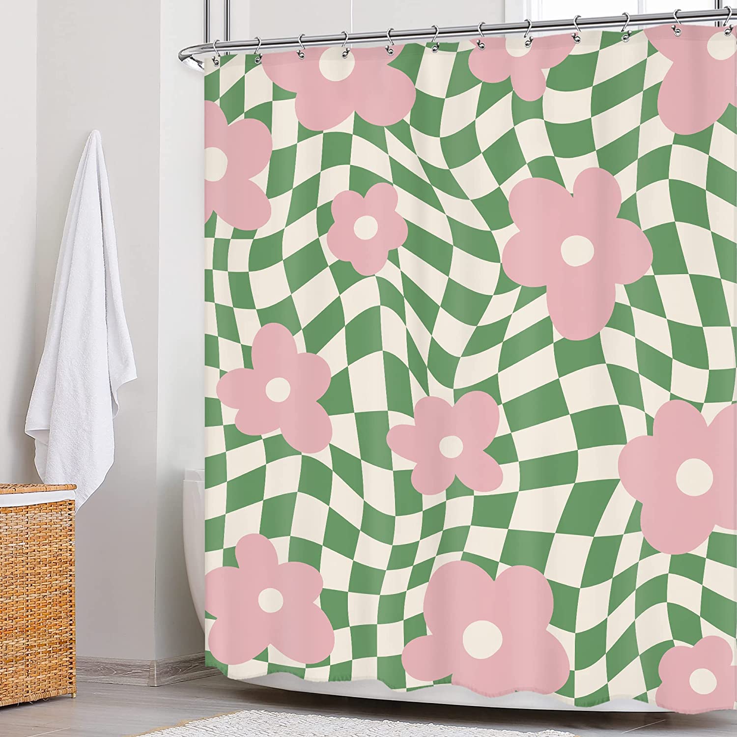 Newsely Retro Pink Green Trippy Shower Curtain 60Wx72H Inch Cute Flower Abstract Checkered Plaid Shower Curtain Bathroom Set Psychedelic Aesthetic Waterproof Bath Decoration Accessories Home Decor