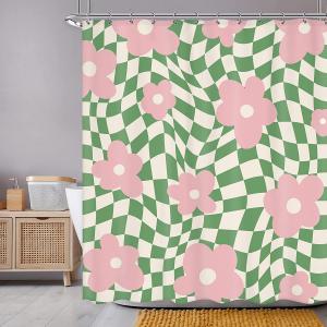 Newsely Retro Pink Green Trippy Shower Curtain 60Wx72H Inch Cute Flower Abstract Checkered Plaid Shower Curtain Bathroom Set Psychedelic Aesthetic Waterproof Bath Decoration Accessories Home Decor