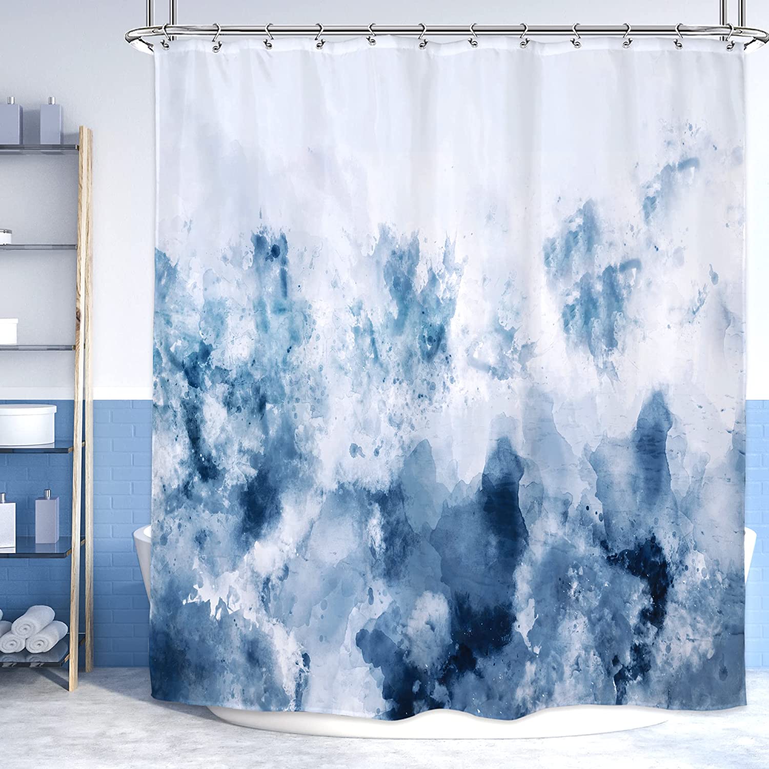 Pan na Abstract Watercolor Ombre Navy Blue Shower Curtains for Bathroom 72WX72H Inch Gray Cold White Modern Art Gradient Painting Decor Set Fabric Polyester 12 Pack Plastic Shower Hooks