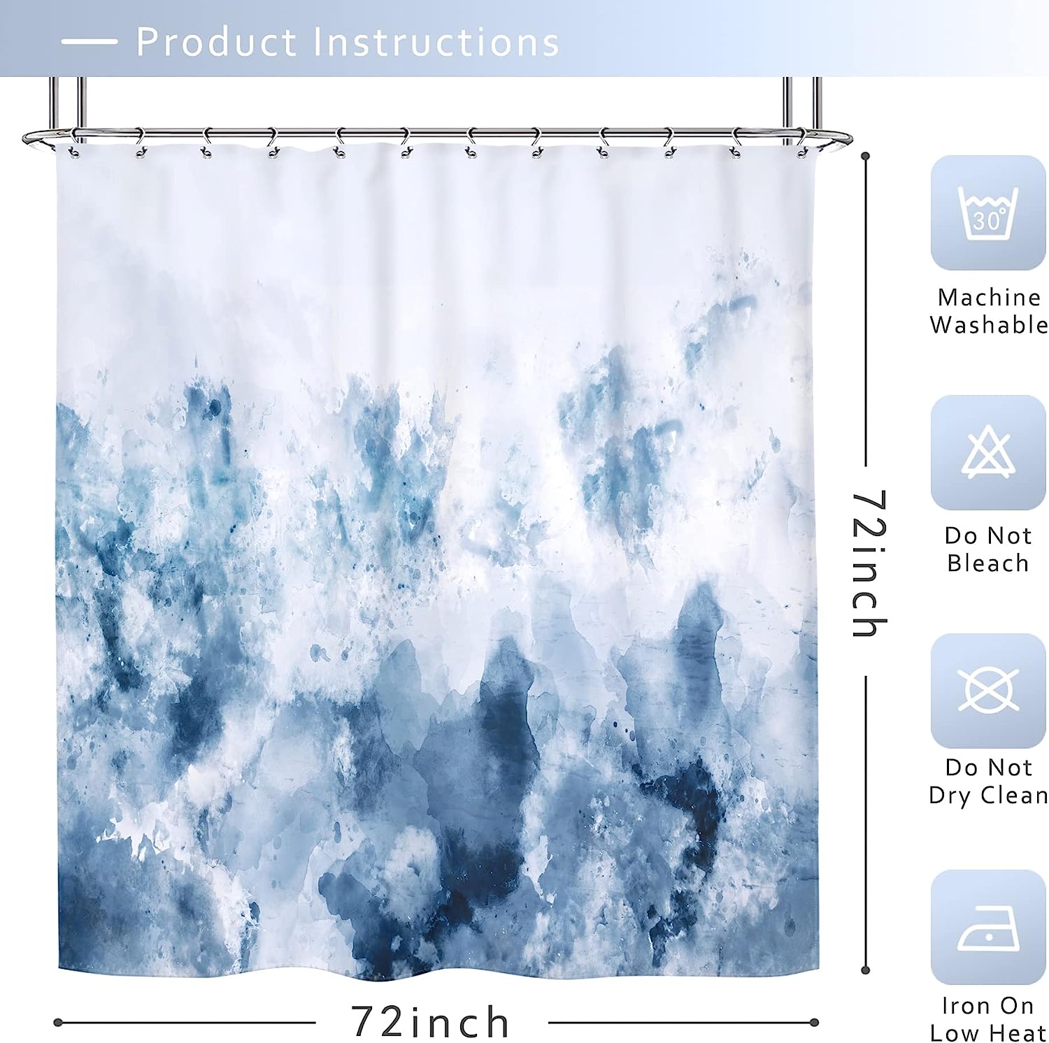 Pan na Abstract Watercolor Ombre Navy Blue Shower Curtains for Bathroom 72WX72H Inch Gray Cold White Modern Art Gradient Painting Decor Set Fabric Polyester 12 Pack Plastic Shower Hooks