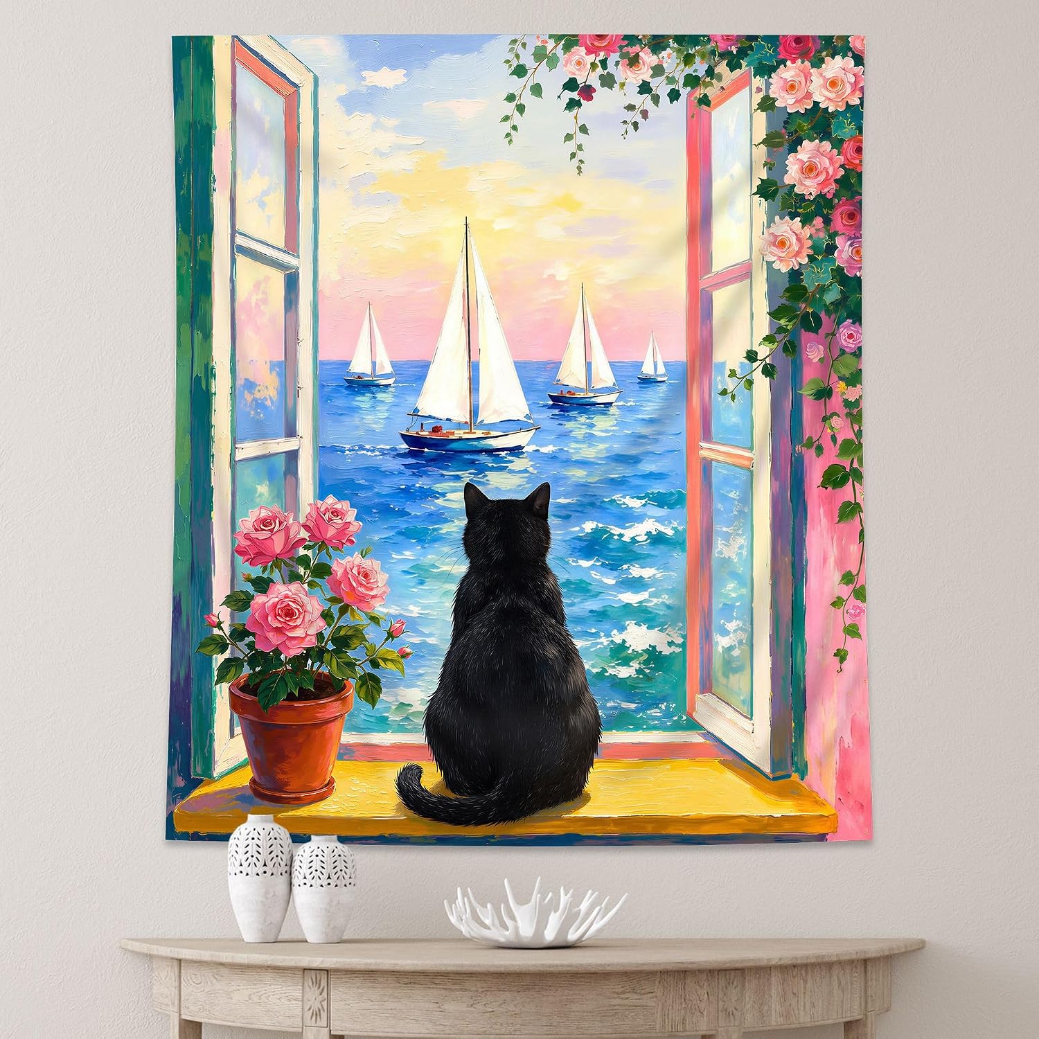 AMBZEK Cat Tapestry 59Hx51W Ocean Whimsical Cloth Posters Wall Art Hanging Decor for Bedroom Living Room