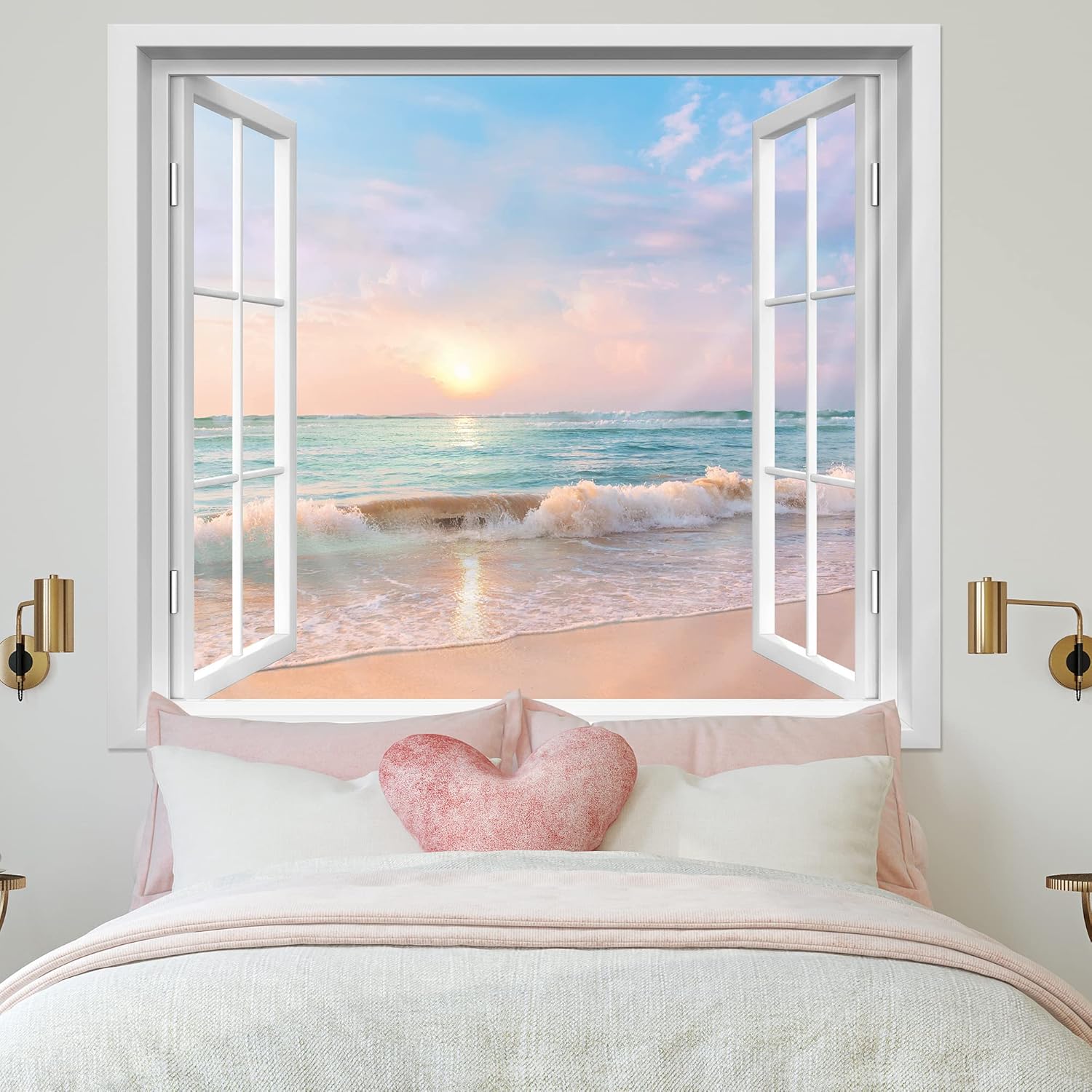 Ocean Beach Tapestry Hawaiian Sunset Sunrise Seaside Rustic Window Coastal Wave Wall Art 59Wx51H Inch Modern Summer Seascape Wall Hanging Bedroom Living Room Dorm Decor Fabric