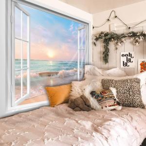 Ocean Beach Tapestry Hawaiian Sunset Sunrise Seaside Rustic Window Coastal Wave Wall Art 59Wx51H Inch Modern Summer Seascape Wall Hanging Bedroom Living Room Dorm Decor Fabric
