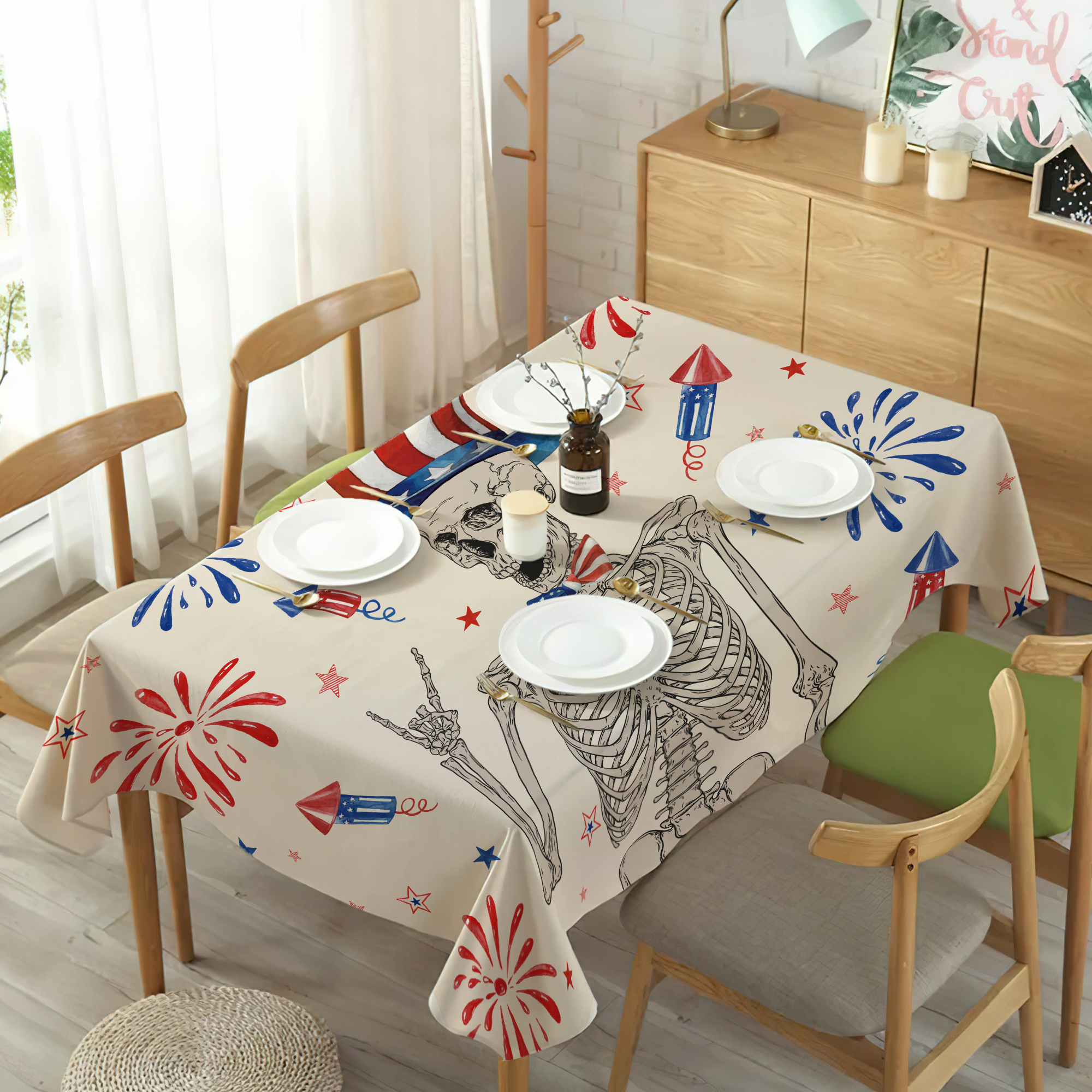 Riyidecor Independence Day Skull Table Cloth esistant Fabric Wrinkle Free Tablecloths Kitchen Dining Room Table Cover for Tables Outdoor Farmhouse Holiday, 52 x 70 Inch