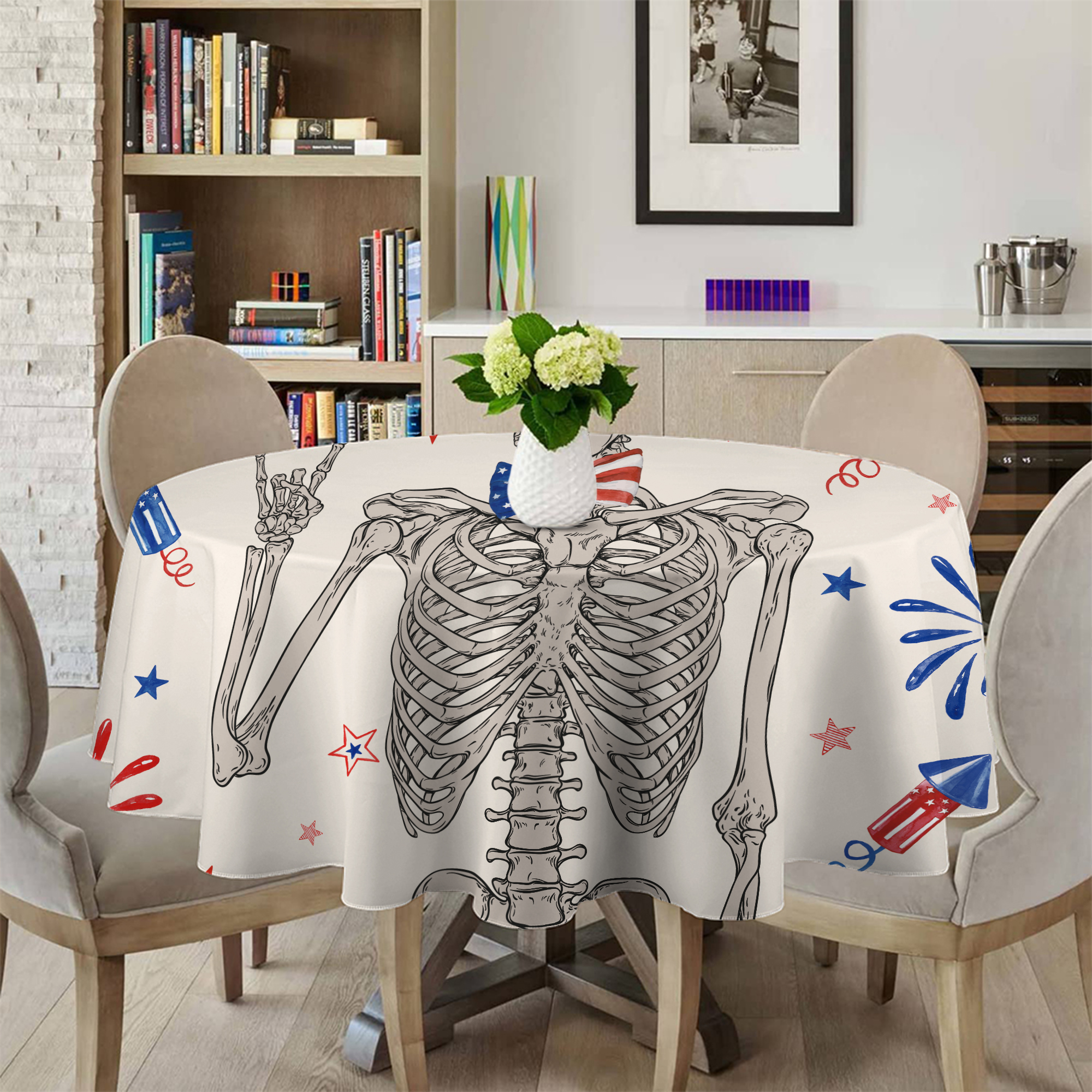 Riyidecor Independence Day Skull Table Cloth esistant Fabric Wrinkle Free Tablecloths Kitchen Dining Room Table Cover for Tables Outdoor Farmhouse Holiday, 52 x 70 Inch