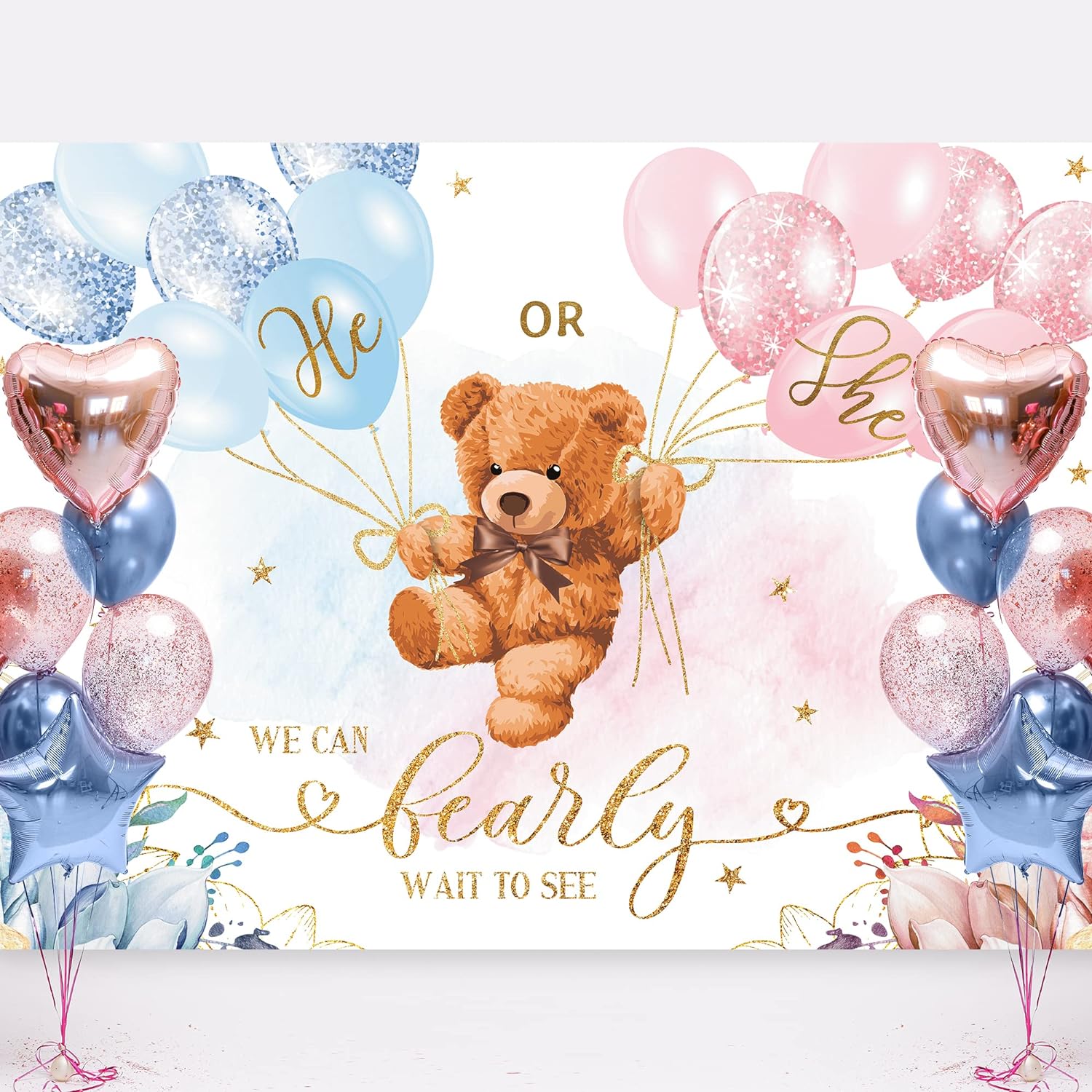 Litimoon Bear Gender Reveal Backdrop 7Wx5H Feet He or She Pink or Blue Boho Floral We Can Bearly Wait Baby Shower Photography Background Mom-to- be Party Decorations Photo Booth Studio Prop Fabric