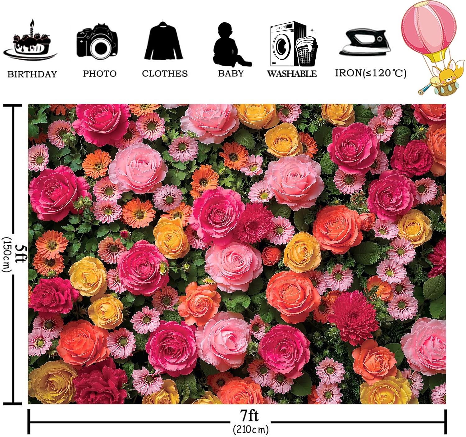 AMBZEK Flower Floral Rose Backdrop 7Wx5H Feet Polyester Fabric Pink Spring Pretty Leaf Mother's Day Wedding Bridal Colorful Decoration Photography Background Photo Shoot Props