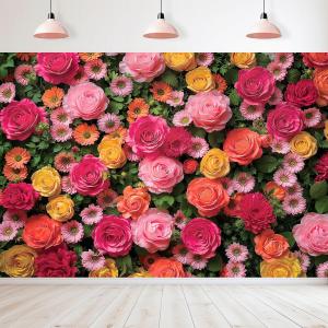 AMBZEK Flower Floral Rose Backdrop 7Wx5H Feet Polyester Fabric Pink Spring Pretty Leaf Mother's Day Wedding Bridal Colorful Decoration Photography Background Photo Shoot Props