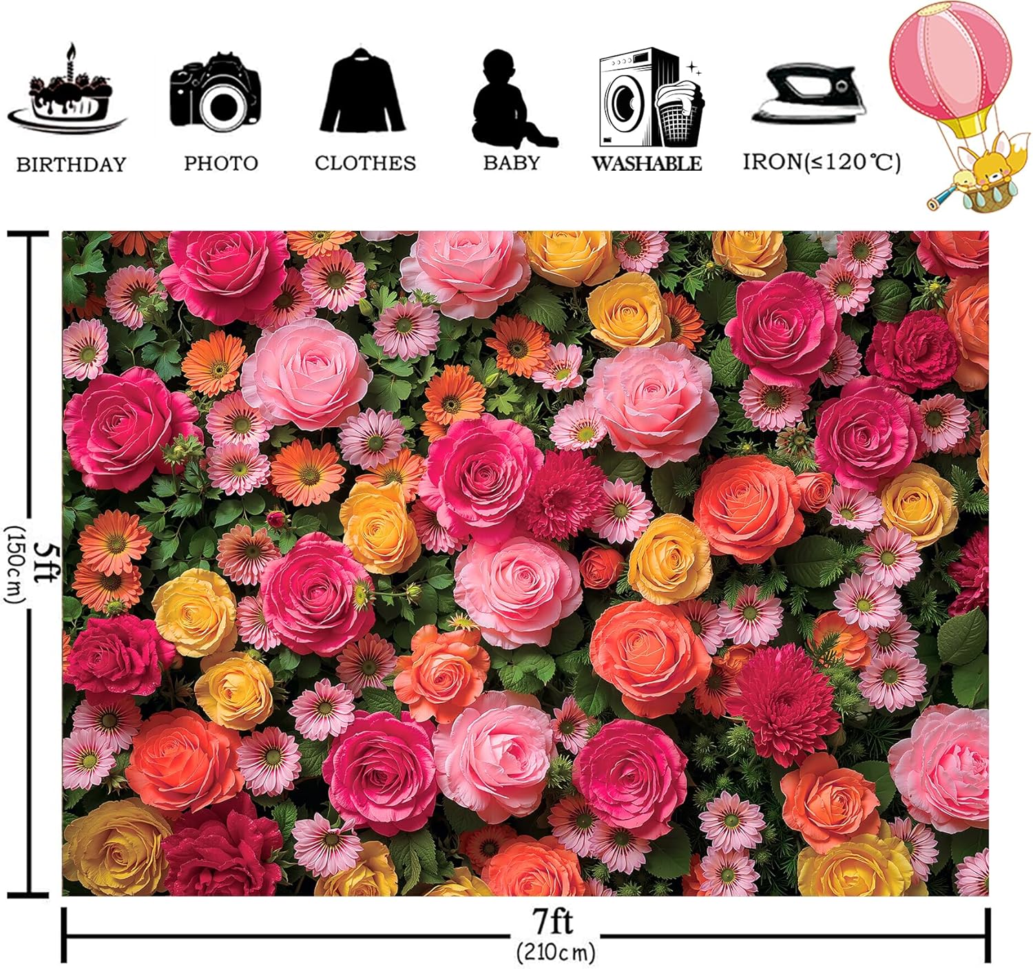 AMBZEK Flower Floral Rose Backdrop 7Wx5H Feet Polyester Fabric Pink Spring Pretty Colorful Leaf Mother's Day Wedding Bridal Valentine's Day Decoration Photography Background Photo Shoot Props