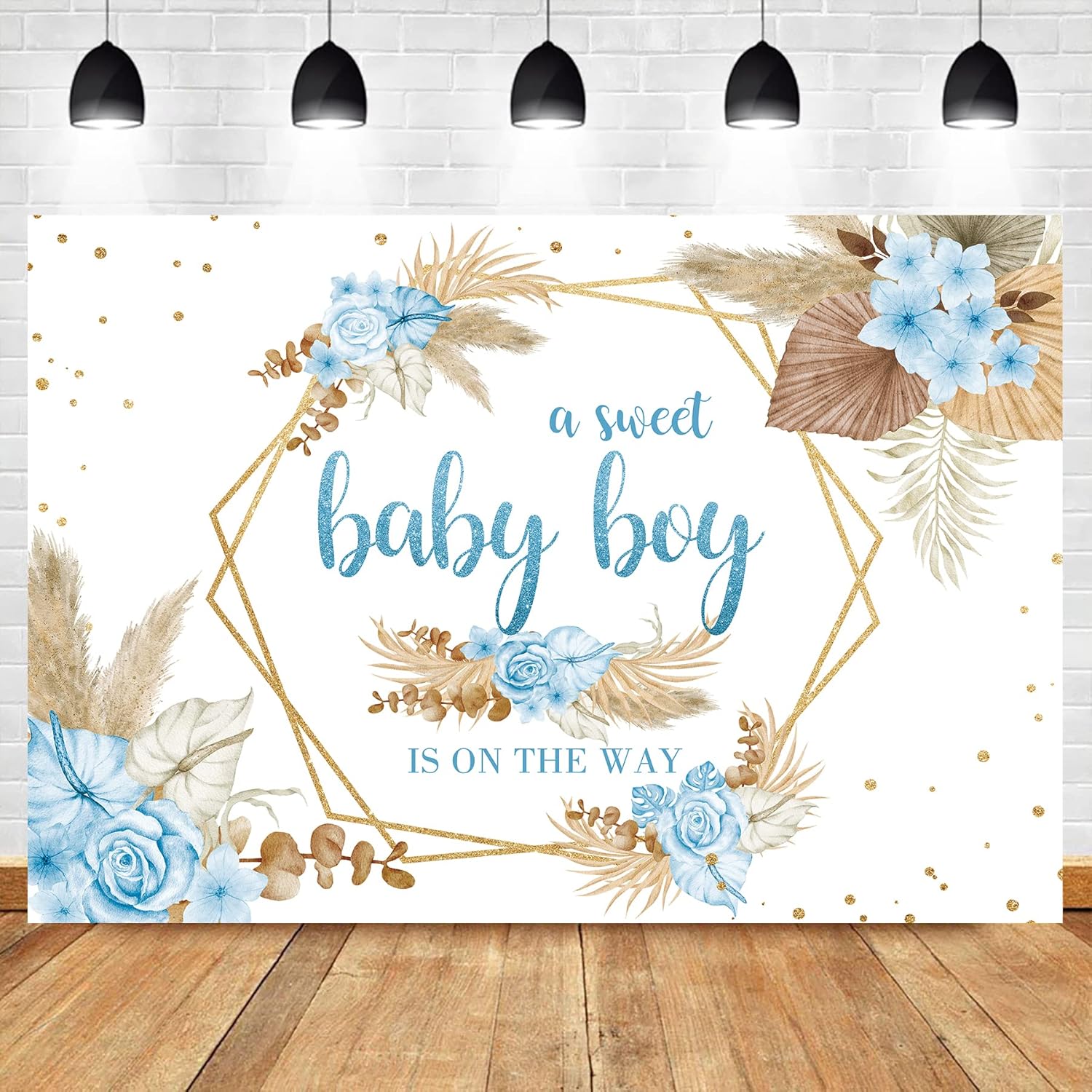 MESHELLY Boho Baby Shower Boy Backdrop 7Wx5H Feet Polyester Fabric Floral Blue Pampas Grass Flowers Newborn Party Decoration Gold Dots Botany Plants Celebrate Photography Background Photo Shoot Props Visit the Homewelle Store