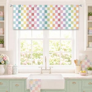 AMBZEK Pastel Checkered Valance Kitchen Curtains 52Wx18H Inch Geometric 1 Panel