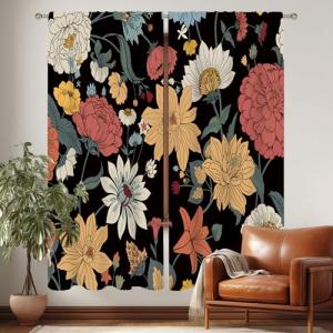AMBZEK Black Boho Flora Curtains 42Wx63H Inch Rod Pocket Mid Century Rustic Flowers Farmhouse Wildflower Plant Botanical Bedroom Window Drapes Retro Aesthetic Printed Living Room Window Treatment AMBZEK Black Boho Flora Curtains 42Wx63H Inch Rod Pocket Mid Century Rustic Flowers Farmhouse Wildflower Plant Botanical Bedroom Window Drapes Retro Aesthetic Printed Living Room Window Treatment