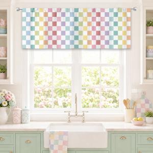 SVBright Pastel Checkered Valance Kitchen Curtains 52Wx18H Inch Geometric 1 Panel
