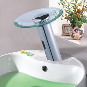 Fashion Waterfall Glass Deck Mounted Automatic Touchless Sink Faucet