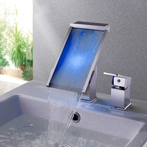 Luxury Glass Spout Brass Body Waterfall LED Sink Faucet 