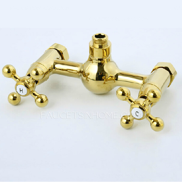 Vintage Gold Wall Mounted Two Hole Two Handle Bathtub Faucet