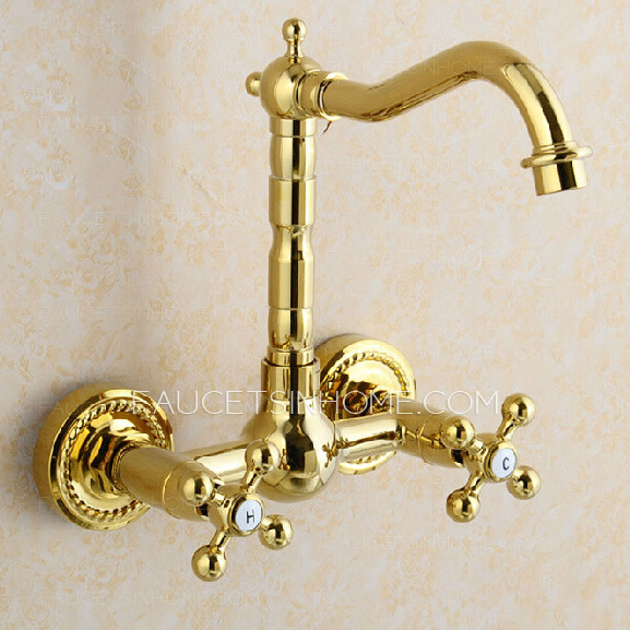 Vintage Gold Wall Mounted Two Hole Two Handle Bathtub Faucet