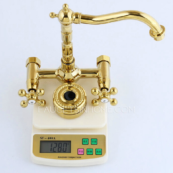 Vintage Gold Wall Mounted Two Hole Two Handle Bathtub Faucet