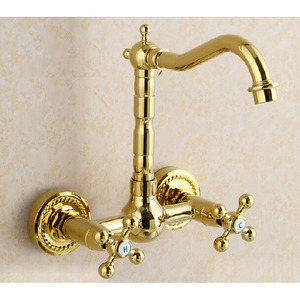 Vintage Gold Wall Mounted Two Hole Two Handle Bathtub Faucet