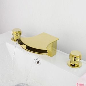 Modern Waterfall Gold Three Hole Roman Bathtub Faucet