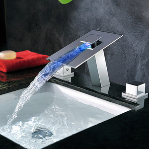 High End Waterfall Three Hole LED Bathroom Sink Faucet