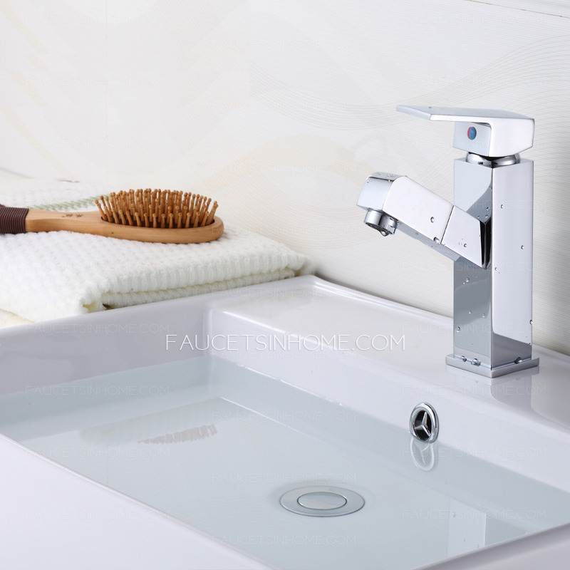Modern Pullout Spray Square Shaped Bathroom Sink Faucet
