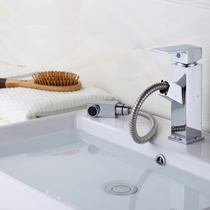 Modern Pullout Spray Square Shaped Bathroom Sink Faucet