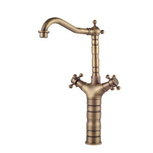 Vintage Tall Vessel Mount Antique Brass Bathroom Sink Faucet 