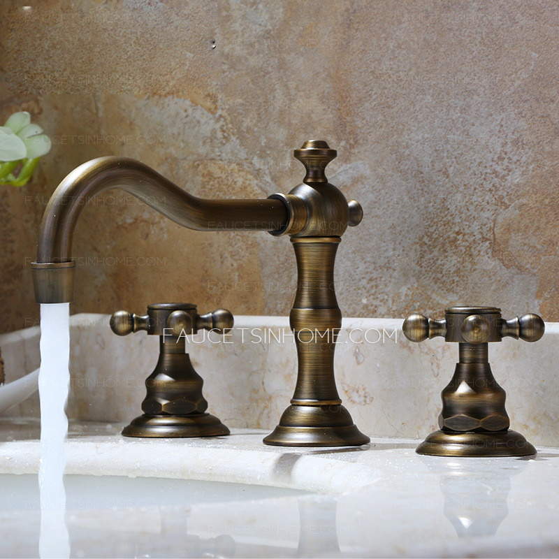 Vintage Antique Bronze Three Hole Bathroom Sink Faucet