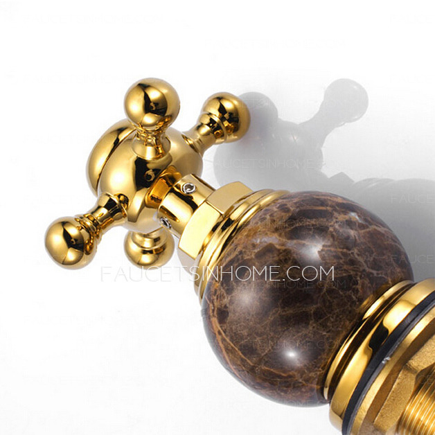 Antique Gold Marble Handle Three Hole Bathroom Sink Faucet