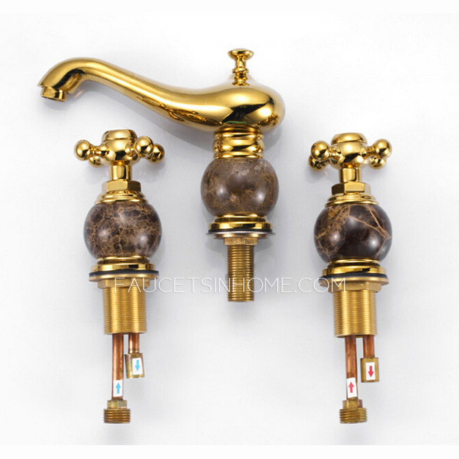 Antique Gold Marble Handle Three Hole Bathroom Sink Faucet
