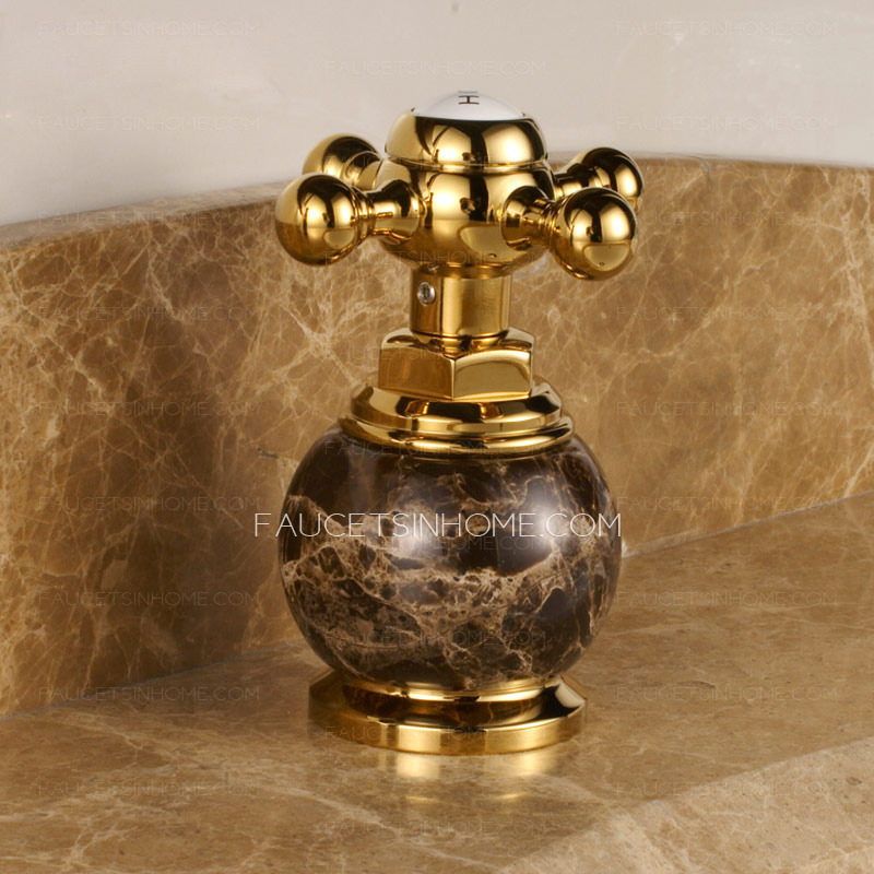 Antique Gold Marble Handle Three Hole Bathroom Sink Faucet