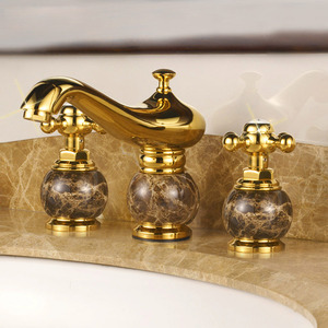 Antique Gold Marble Handle Three Hole Bathroom Sink Faucet
