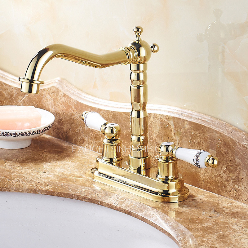 Antique Polished Brass Two Handles Gold Bathroom Sink Faucet