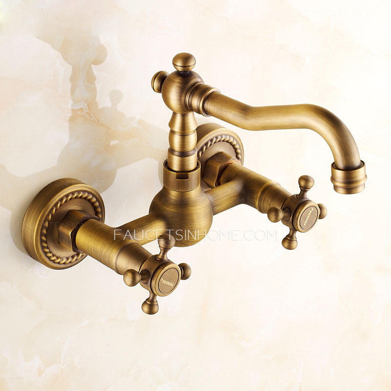 Vintage Antique Brass Rotatable Wall Mounted Bathroom Sink Faucet