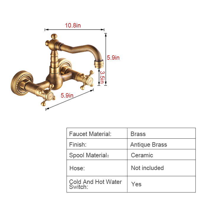 Vintage Antique Brass Rotatable Wall Mounted Bathroom Sink Faucet