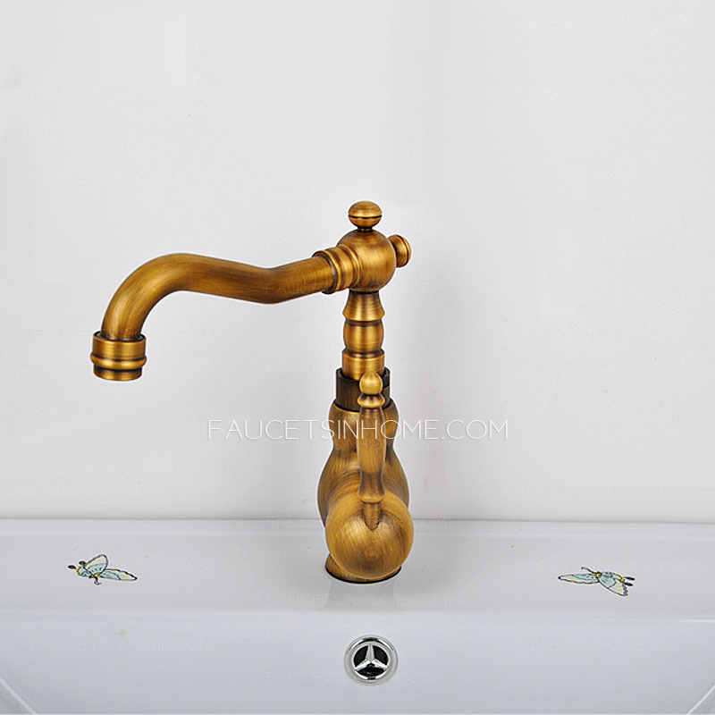 Antique Brass Rotatable Long Spout Bathroom Sink Faucet