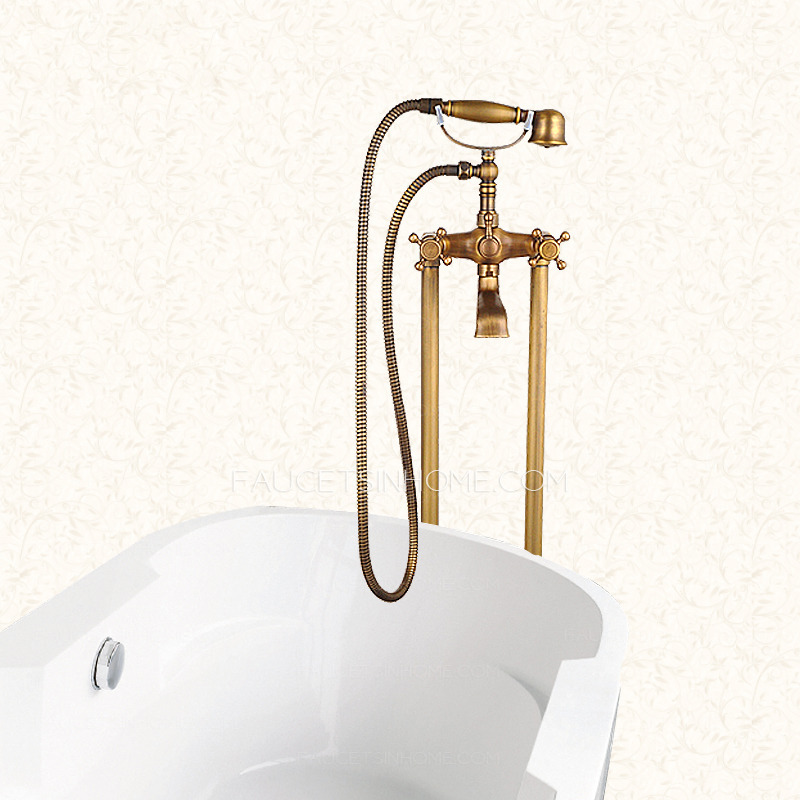 Vintage Gold Antique Brass Floor Mount Bathtub Shower Faucet