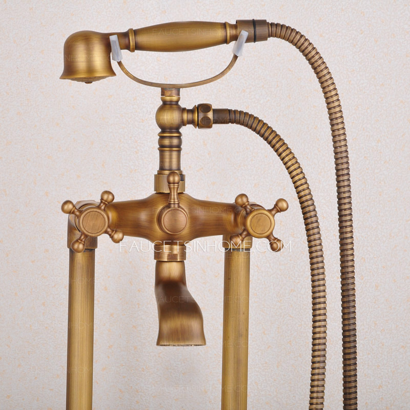 Vintage Gold Antique Brass Floor Mount Bathtub Shower Faucet