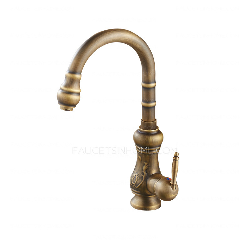 Antique Copper Carving Rotatable High Arc Kitchen Faucet