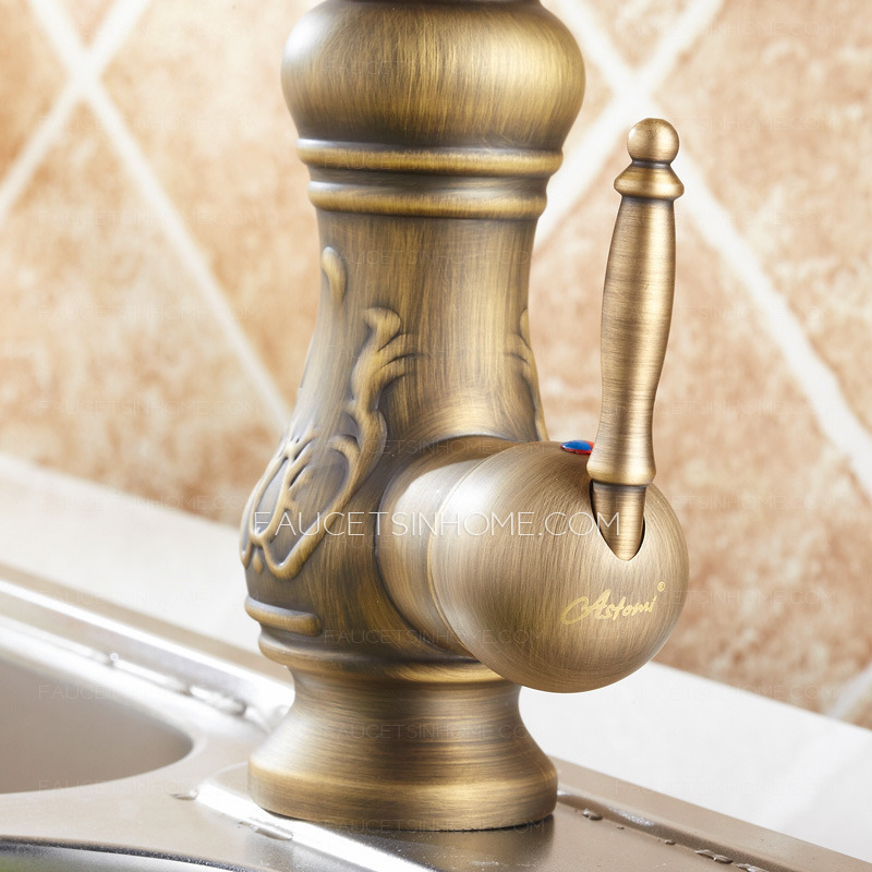 Antique Copper Carving Rotatable High Arc Kitchen Faucet