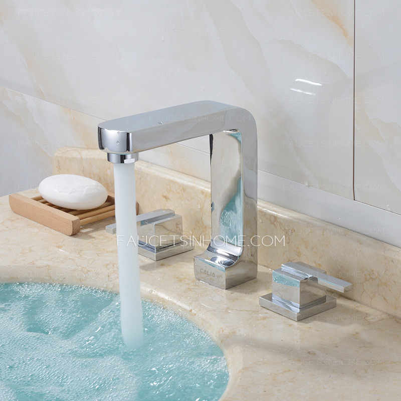 Contemporary Three Split Hole Square Shaped Pullout Bathroom Faucet