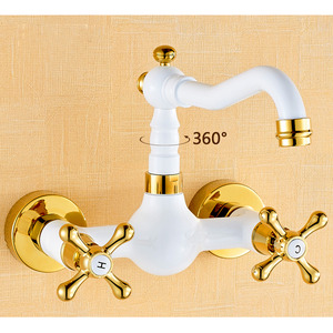 Vintage White Painting Wall Mount Bathroom Faucet Two Handles