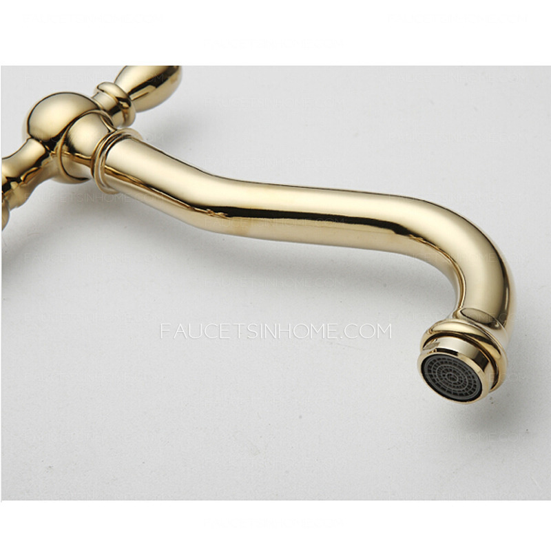 Vintage Golden Polished Brass Lengthen Spout Bathroom Faucet Two Handles