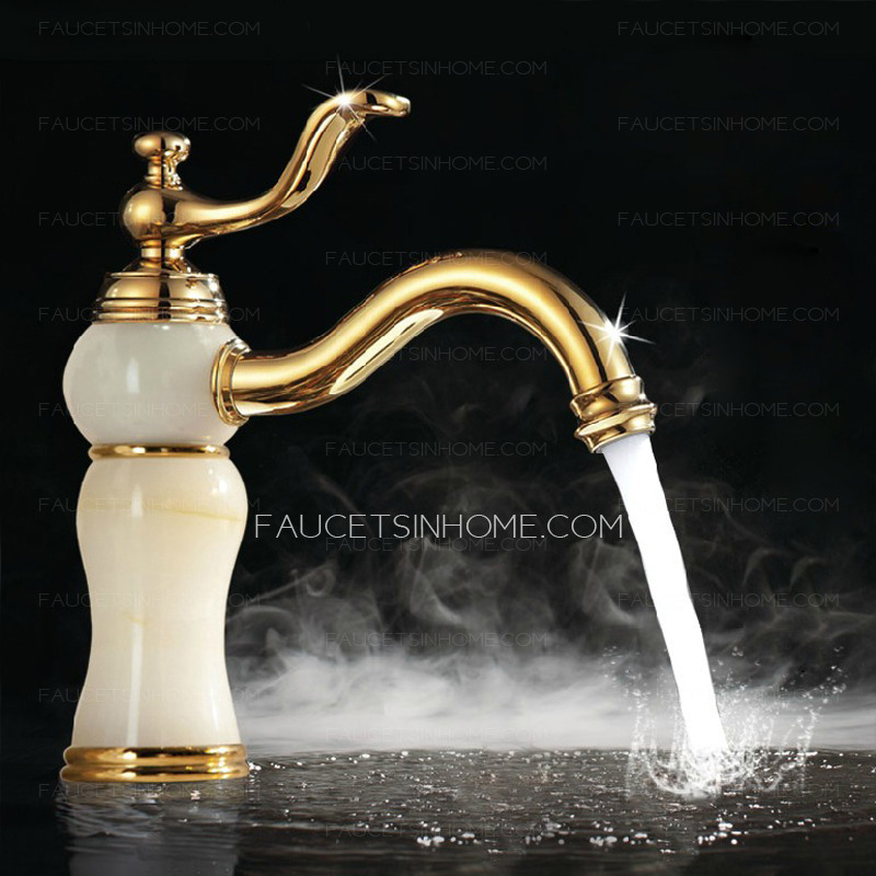 Chic Polished Brass Jade Golden Bathroom Faucet Single Handle