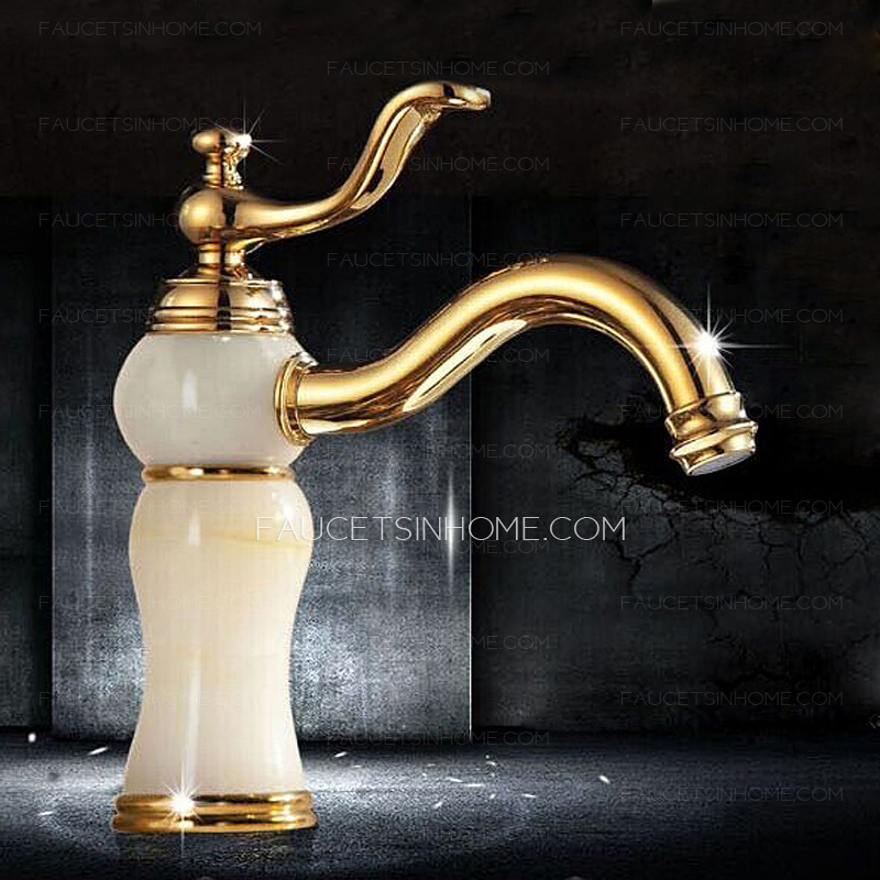 Chic Polished Brass Jade Golden Bathroom Faucet Single Handle