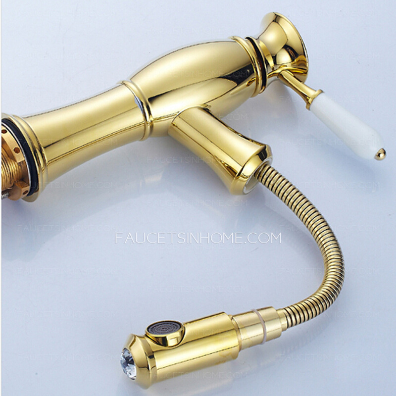 High Quality Golden Polished Brass Pullout Bathroom Faucet