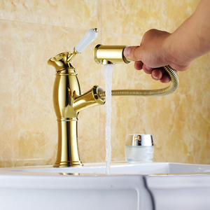 High Quality Golden Polished Brass Pullout Bathroom Faucet