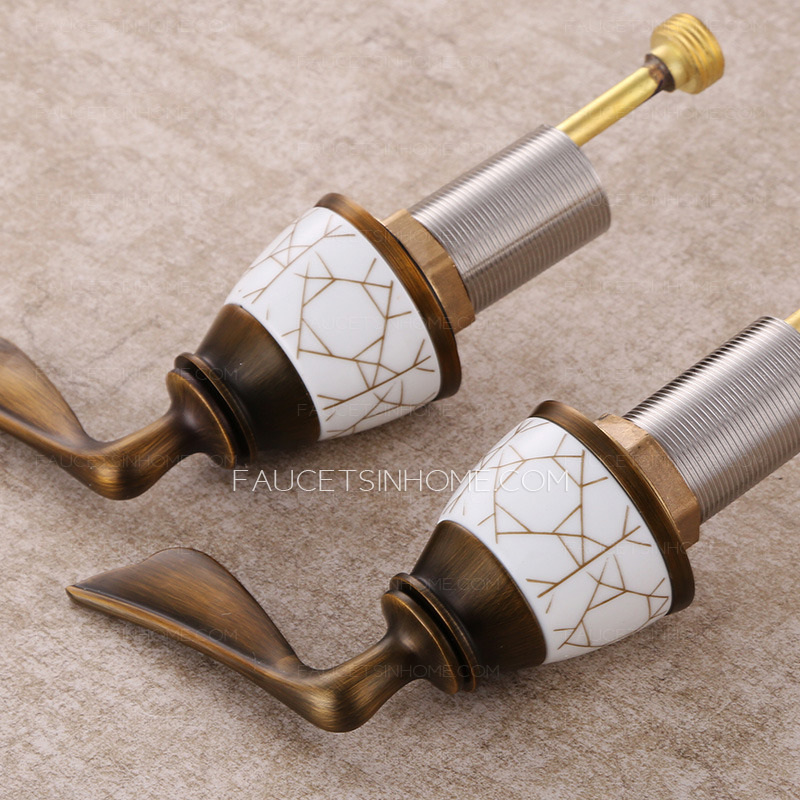 Antique Copper Brushed Porcelain Patterned Bathroom Faucet Three Holes